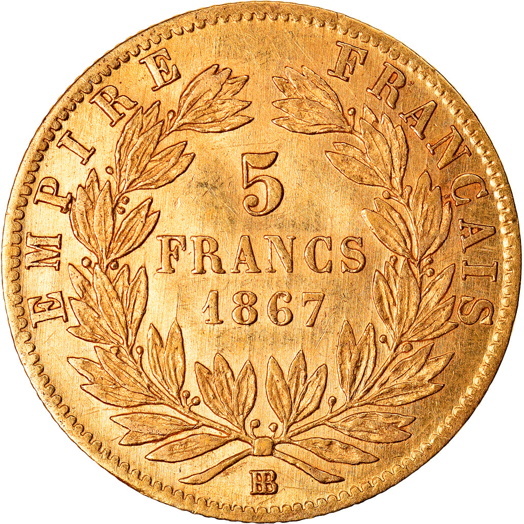 Moeda, França, Napoléon III, 5 Francs, 1867, Strasbourg, EF(40-45), Dourado