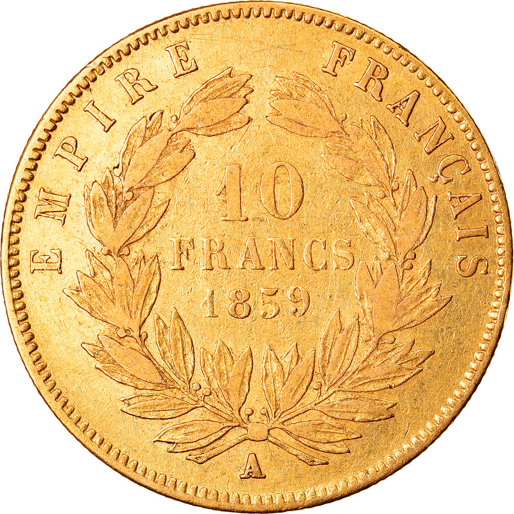 Moneda, Francia, Napoleon III, 10 Francs, 1859, Paris, BC+, Oro, KM:784.3