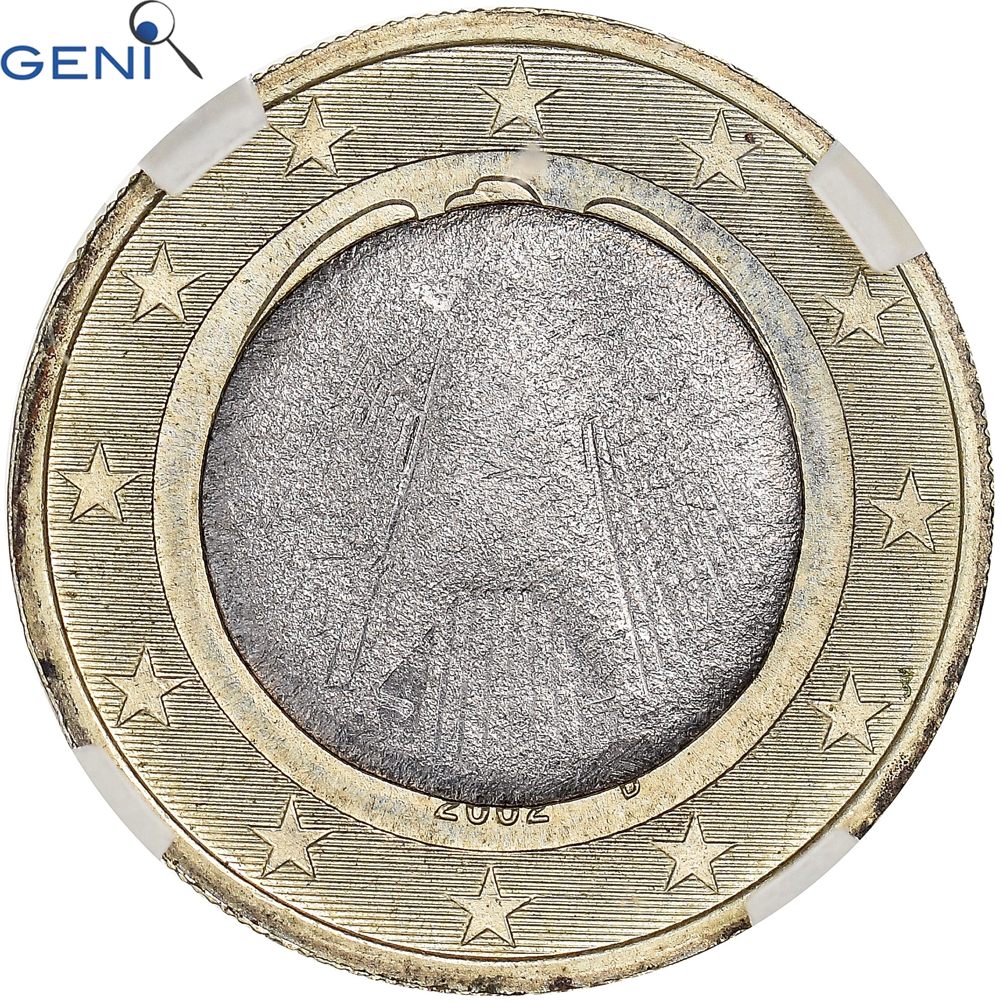 Germany, 1 Euro, 2002, Munich, error split core, GENI, MS64, MS(64), Bi-Metallic