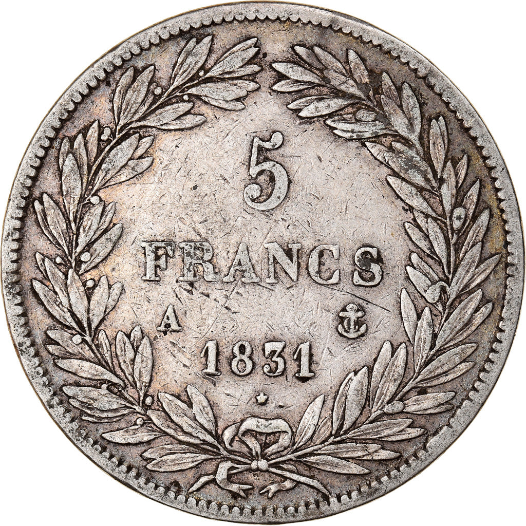 Moneda, Francia, Louis-Philippe, 5 Francs, 1831, Paris, BC+, Plata, KM:735.1
