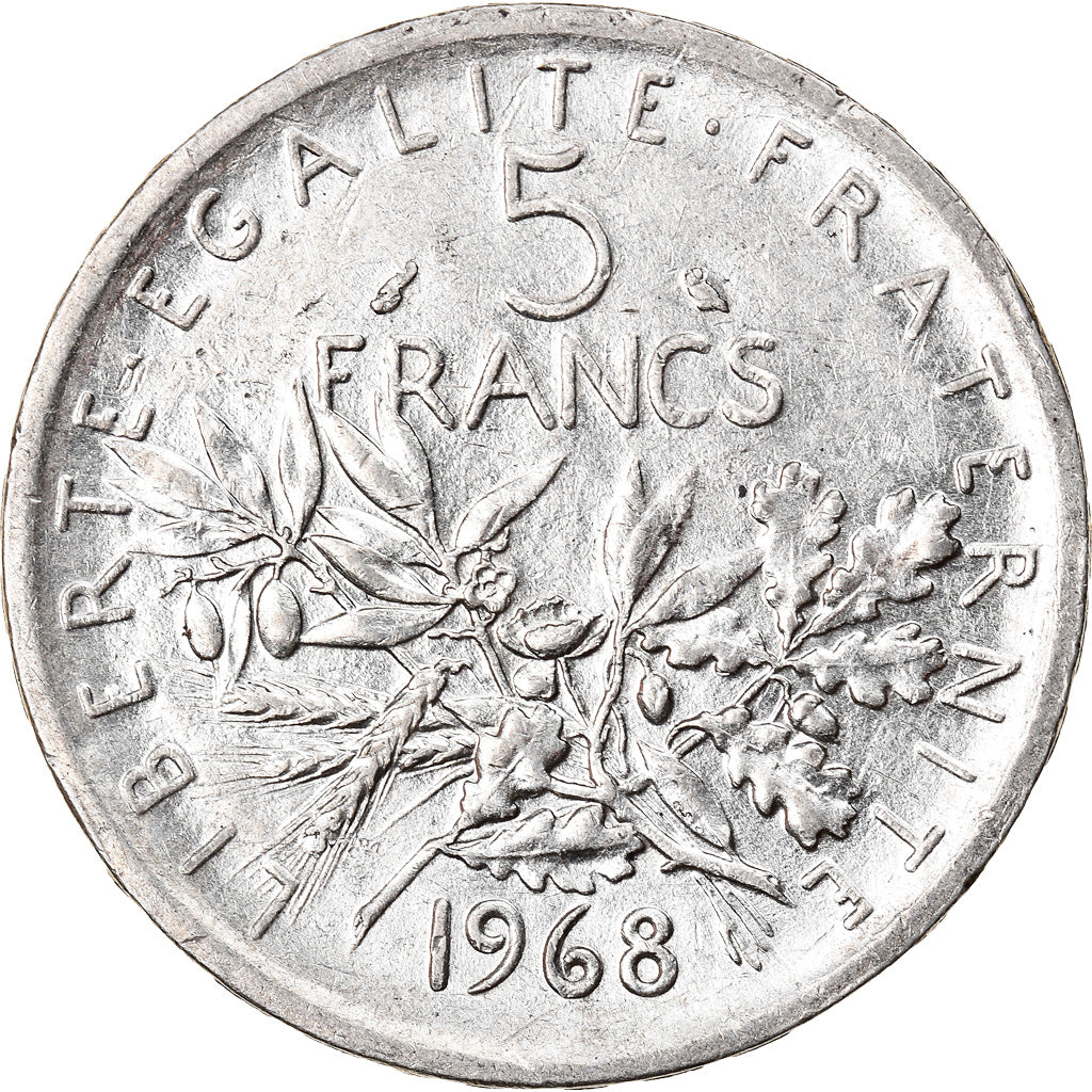 Moeda, França, Semeuse, 5 Francs, 1968, AU(50-53), Prata, KM:926, Gadoury:770
