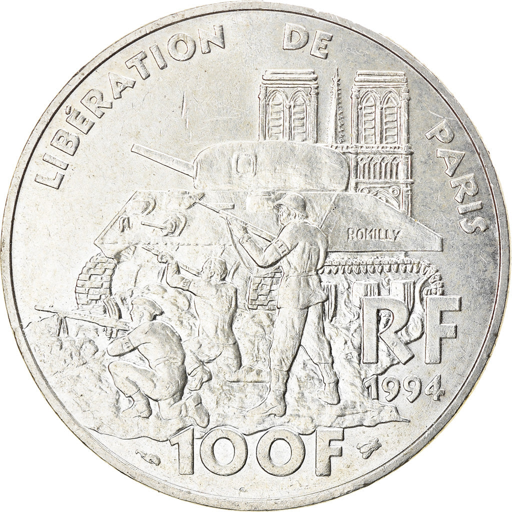 Moeda, França, Libération de Paris, 100 Francs, 1994, MS(63), Prata