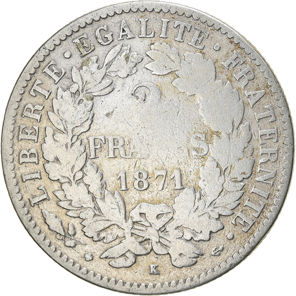 Moneta, Francia, Cérès, 2 Francs, 1871, Bordeaux, MB, Argento, KM:817.2