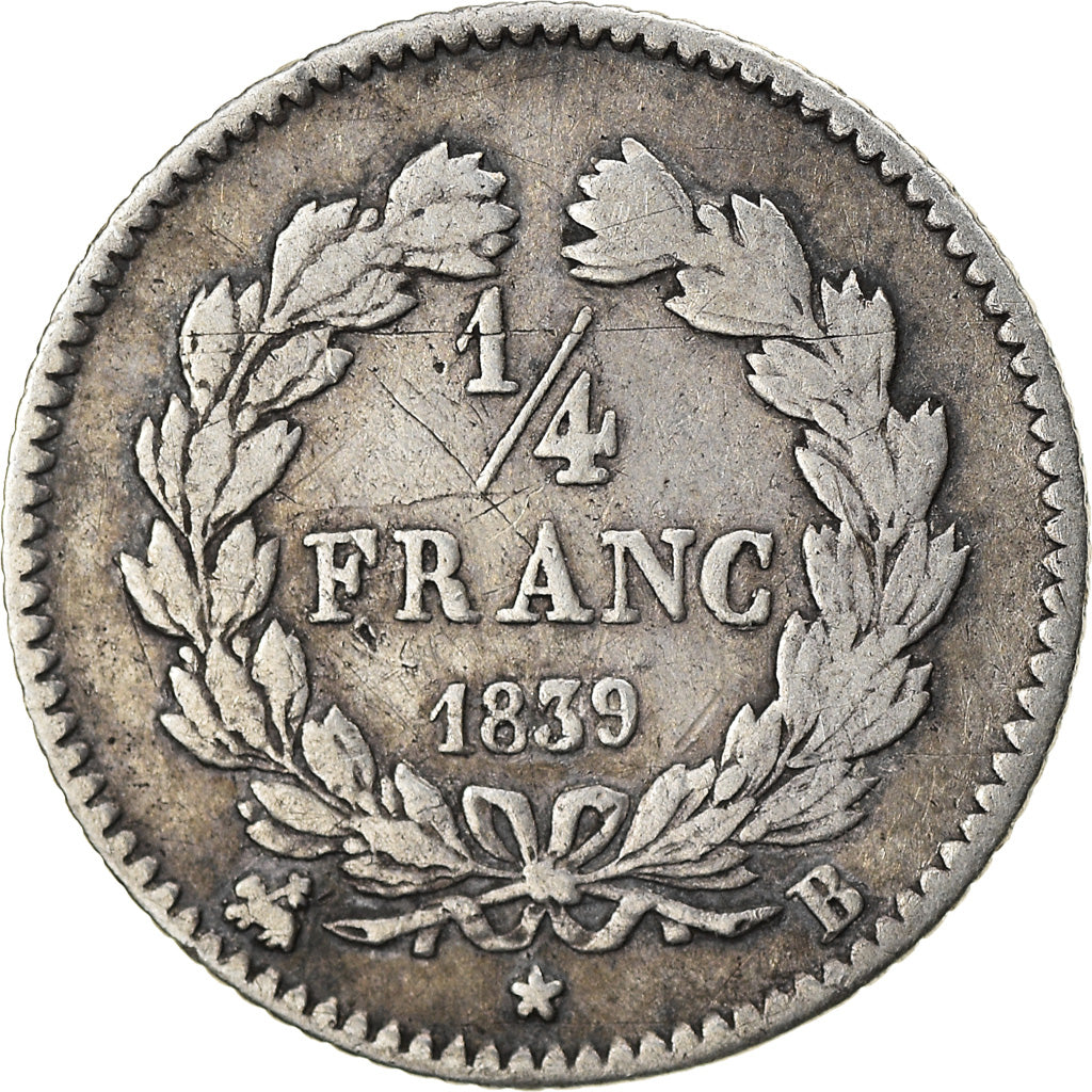 Moeda, França, Louis-Philippe, 1/4 Franc, 1839, Rouen, EF(40-45), Prata