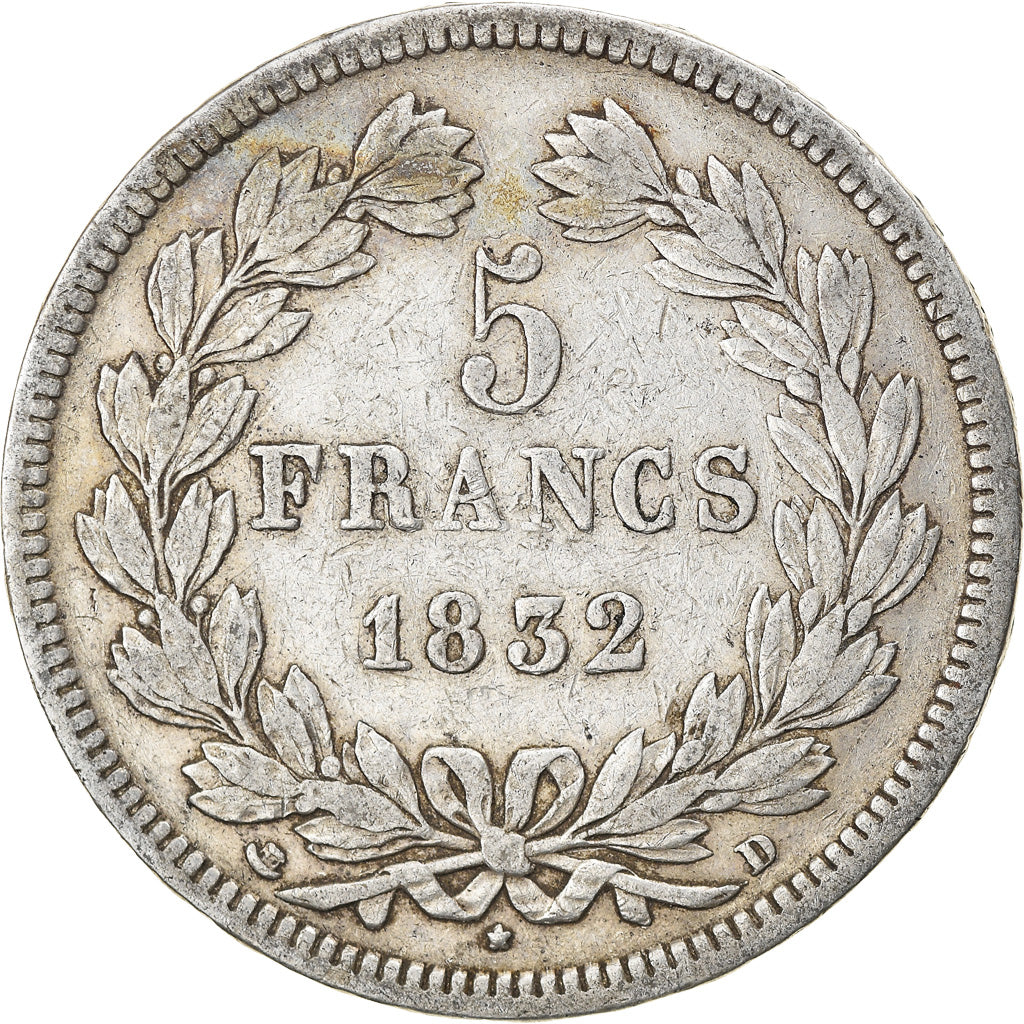 Moneta, Francia, Louis-Philippe, 5 Francs, 1832, Lyon, MB+, Argento, KM:749.4