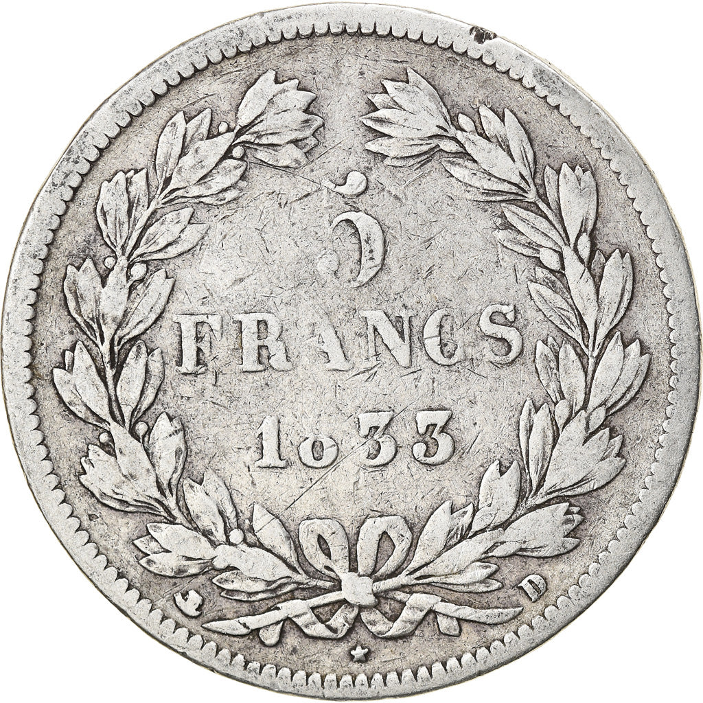 Coin, France, Louis-Philippe, 5 Francs, 1833, Lyon, VF(20-25), Silver, KM:749.4