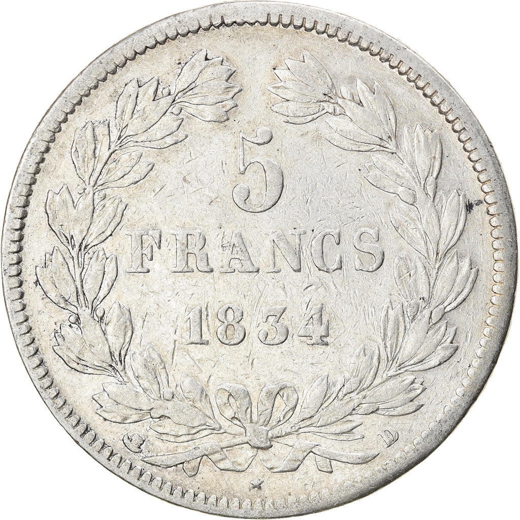 Münze, Frankreich, Louis-Philippe, 5 Francs, 1834, Lyon, S+, Silber, KM:749.4