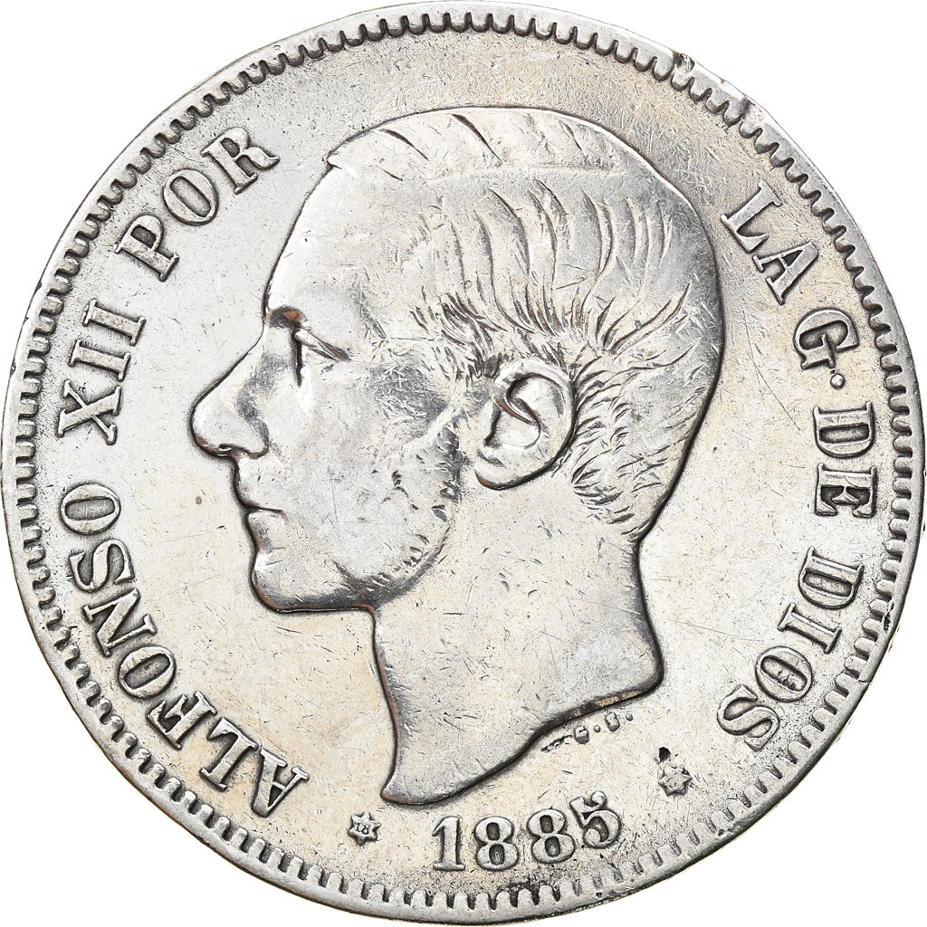 Moneda, España, Alfonso XII, 5 Pesetas, 1885, Madrid, BC+, Plata, KM:688