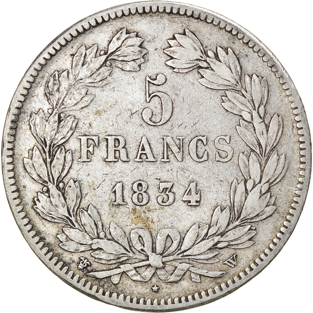 Moeda, França, Louis-Philippe, 5 Francs, 1834, Lille, VF(30-35), Prata