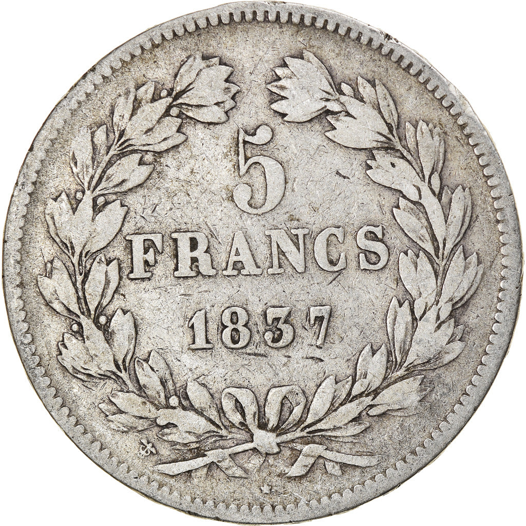 Moneda, Francia, Louis-Philippe, 5 Francs, 1837, Lille, BC+, Plata, KM:749.13