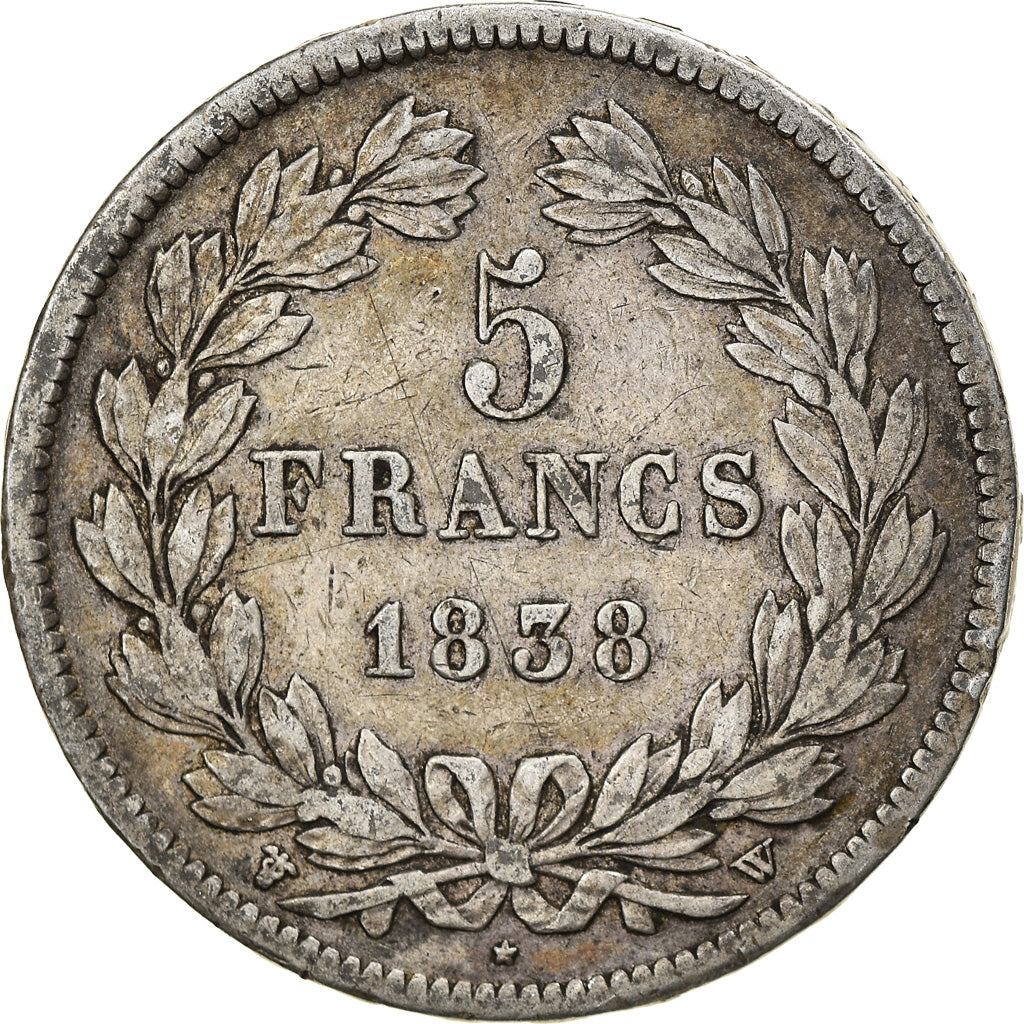 Moneta, Francia, Louis-Philippe, 5 Francs, 1838, Lille, MB+, Argento, KM:749.13