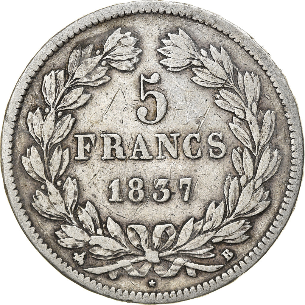 Moeda, França, Louis-Philippe, 5 Francs, 1837, Rouen, VF(30-35), Prata