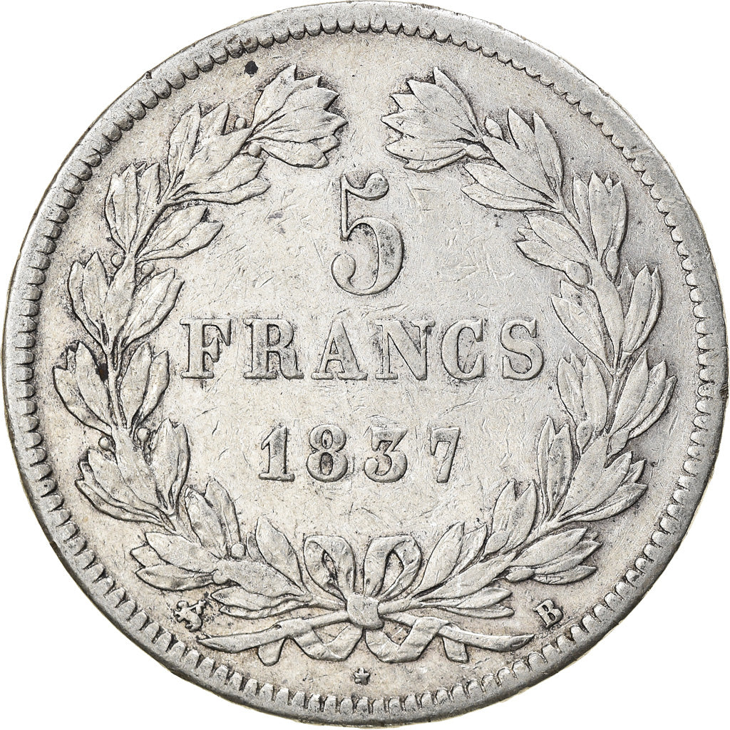 Münze, Frankreich, Louis-Philippe, 5 Francs, 1837, Rouen, S+, Silber, KM:749.2