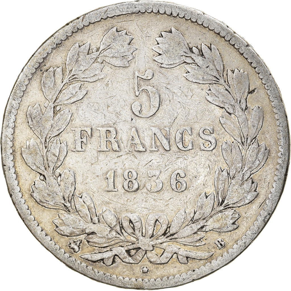 Coin, France, Louis-Philippe, 5 Francs, 1836, Rouen, VF(20-25), Silver