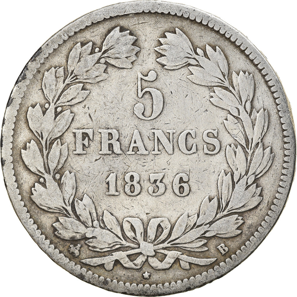 Moneta, Francia, Louis-Philippe, 5 Francs, 1836, Rouen, MB, Argento, KM:749.2
