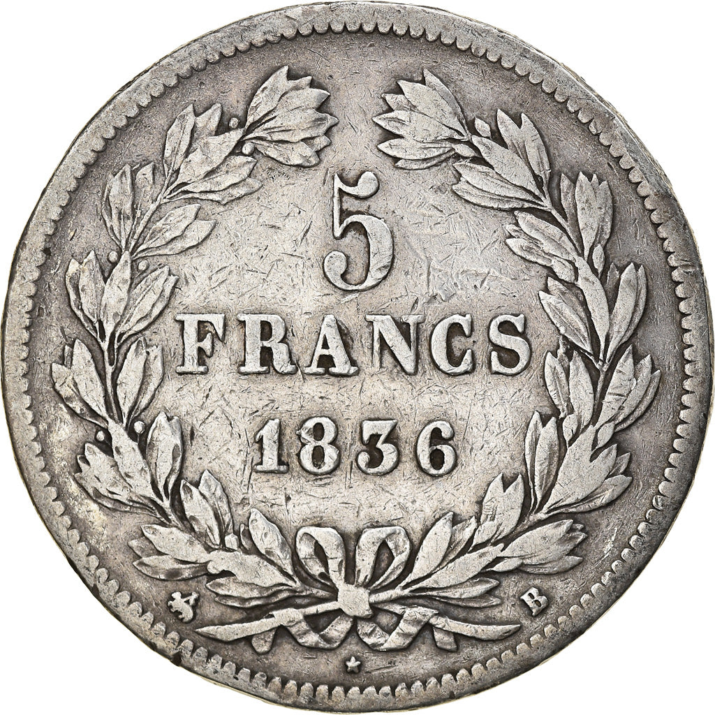 Moneta, Francia, Louis-Philippe, 5 Francs, 1836, Rouen, MB+, Argento, KM:749.2