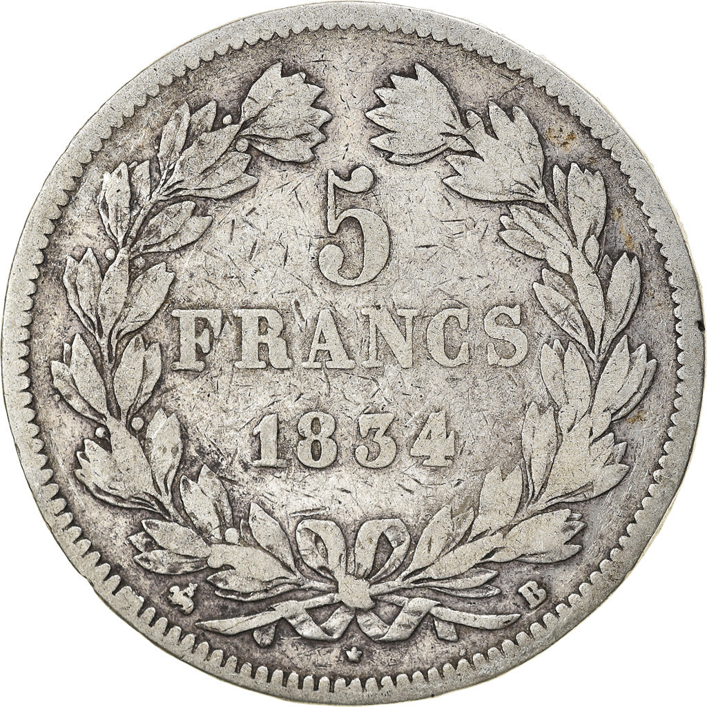 Moneta, Francia, Louis-Philippe, 5 Francs, 1834, Rouen, MB, Argento, KM:749.2