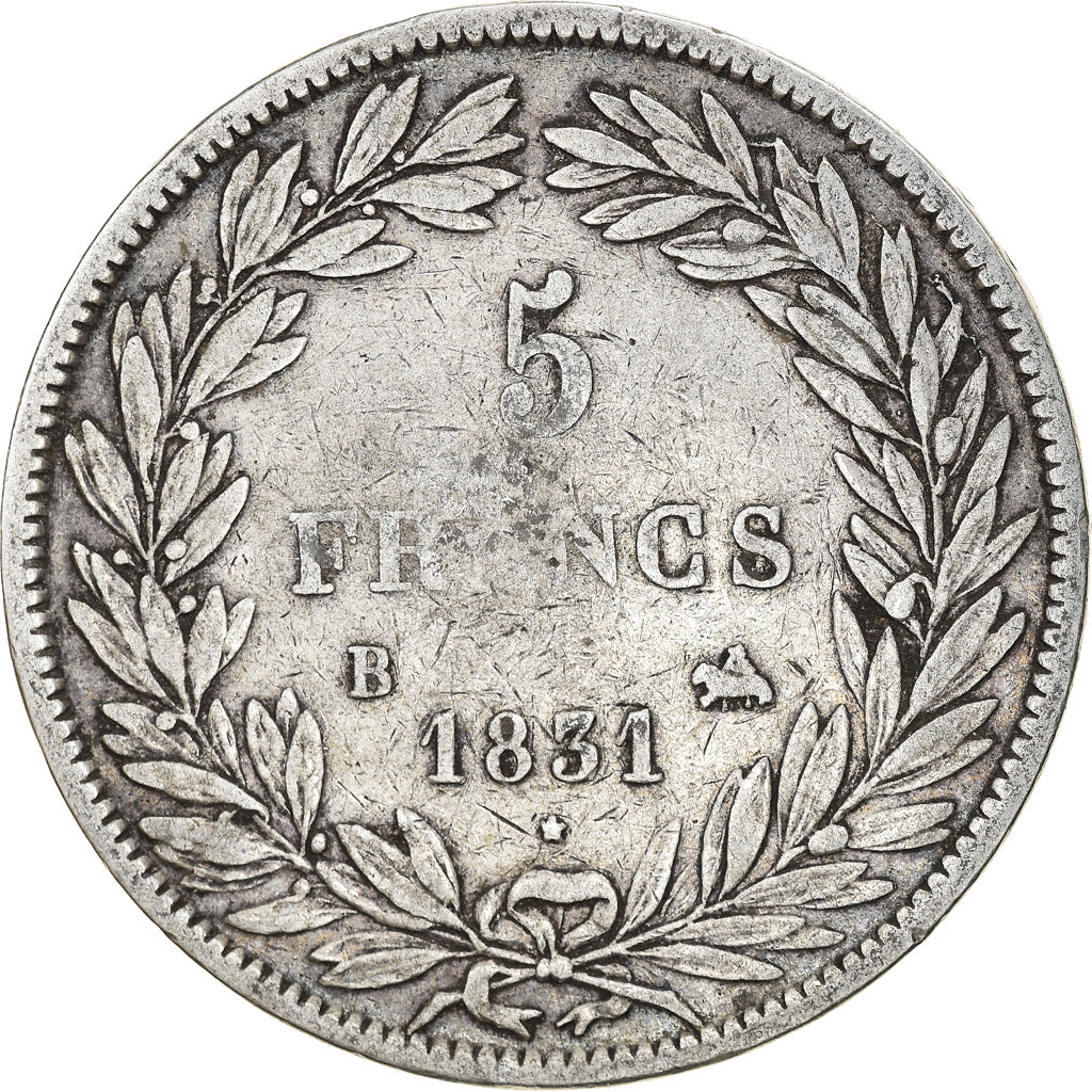 Moneta, Francia, Louis-Philippe, 5 Francs, 1831, Rouen, MB+, Argento, KM:735.2