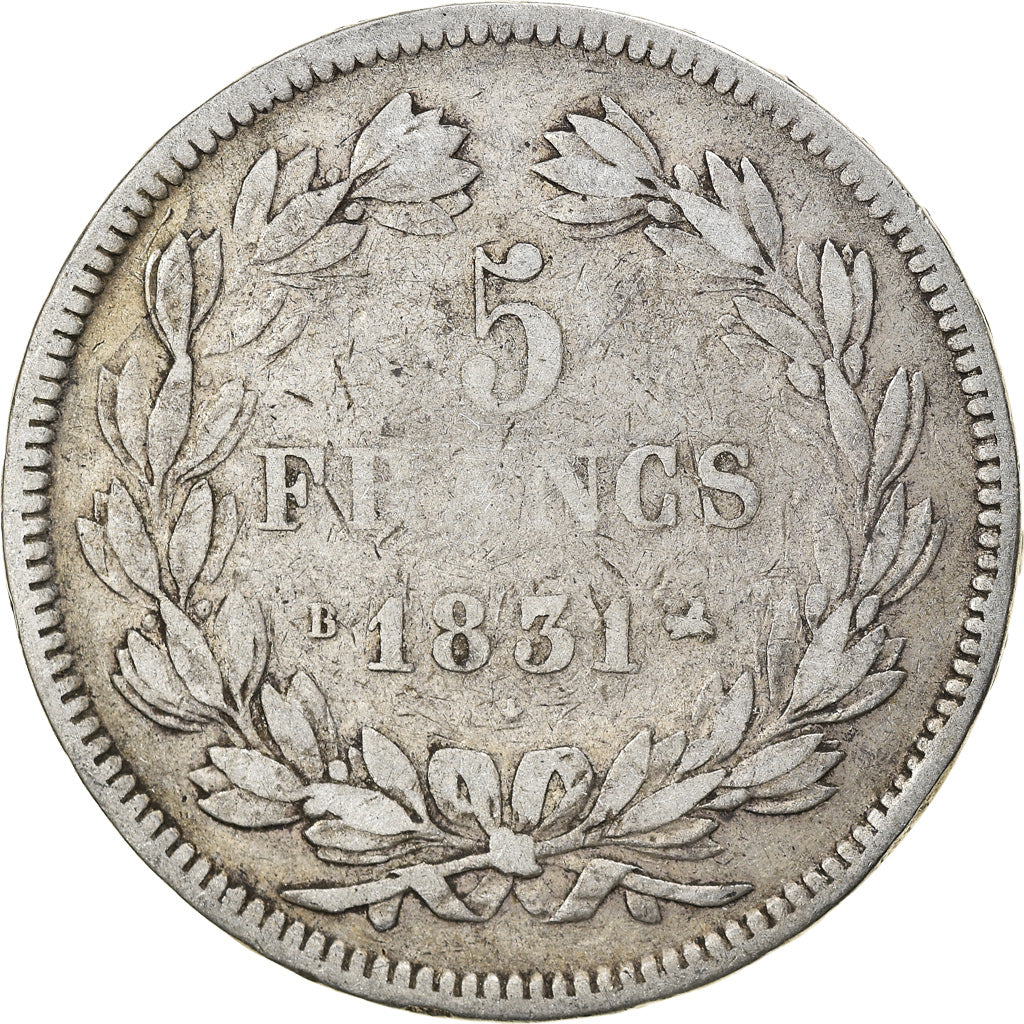 Moneda, Francia, Louis-Philippe, 5 Francs, 1831, Rouen, BC+, Plata, KM:736.2