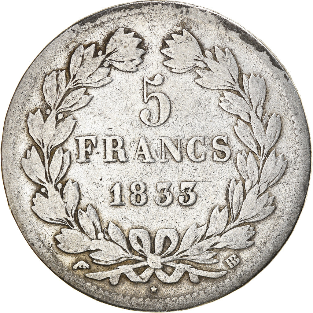 Monnaie, France, Louis-Philippe, 5 Francs, 1833, Strasbourg, TB, Argent