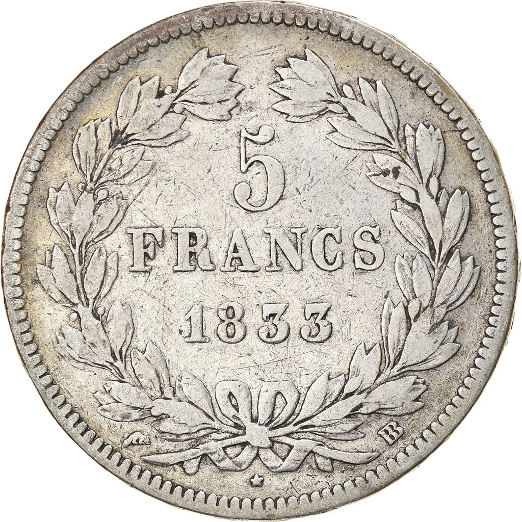 Coin, France, Louis-Philippe, 5 Francs, 1833, Strasbourg, VF(30-35), Silver