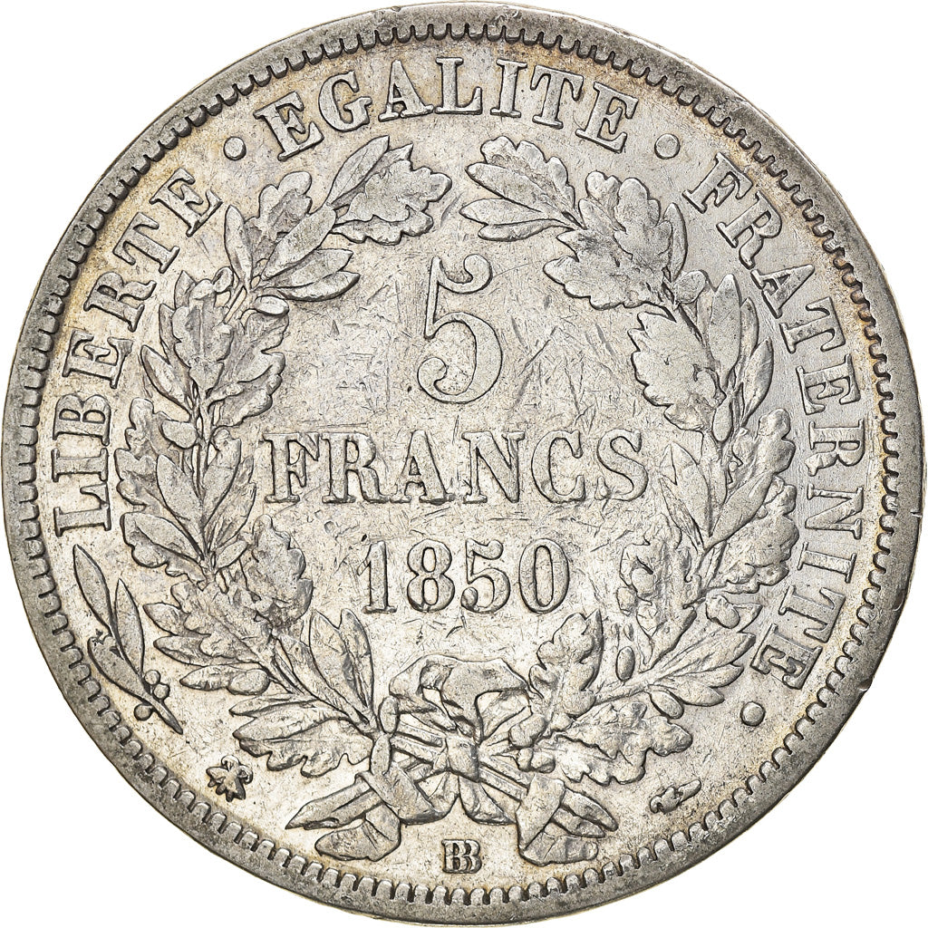 Moeda, França, Cérès, 5 Francs, 1850, Strasbourg, VF(30-35), Prata, KM:761.2