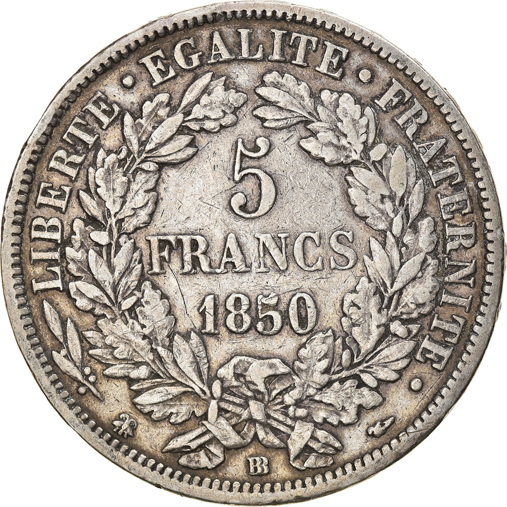 Münze, Frankreich, Cérès, 5 Francs, 1850, Strasbourg, S+, Silber, KM:761.2