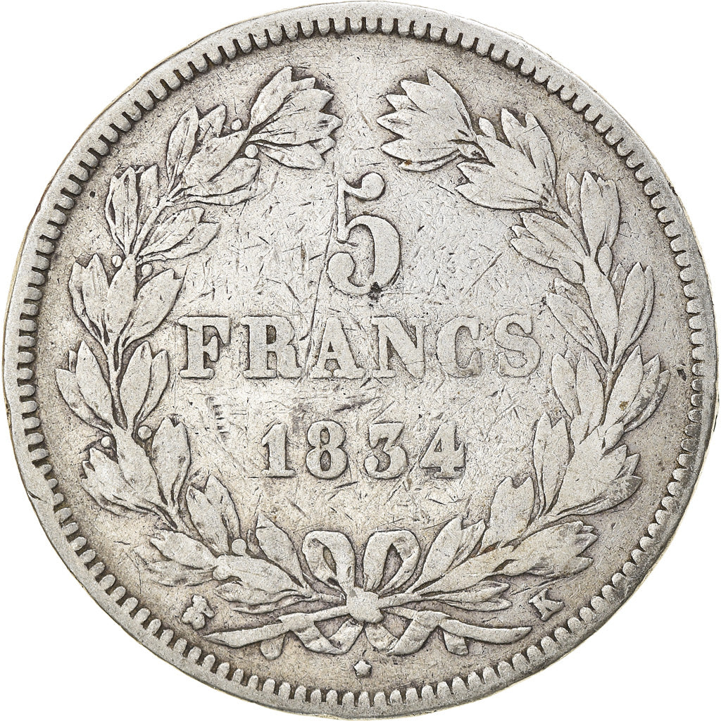 Moneta, Francia, Louis-Philippe, 5 Francs, 1834, Bordeaux, MB, Argento