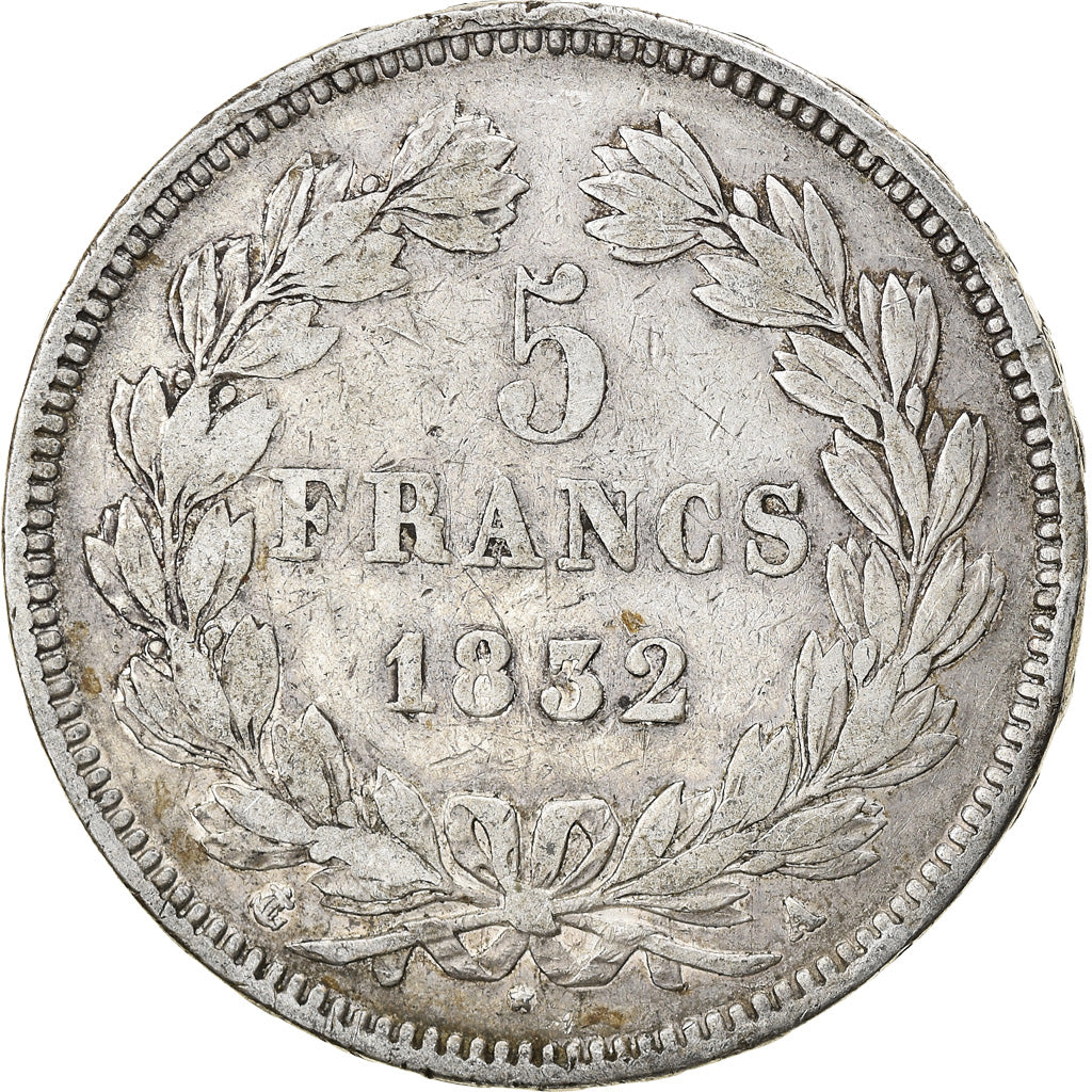 Moneta, Francia, Louis-Philippe, 5 Francs, 1832, Paris, MB+, Argento, KM:749.1