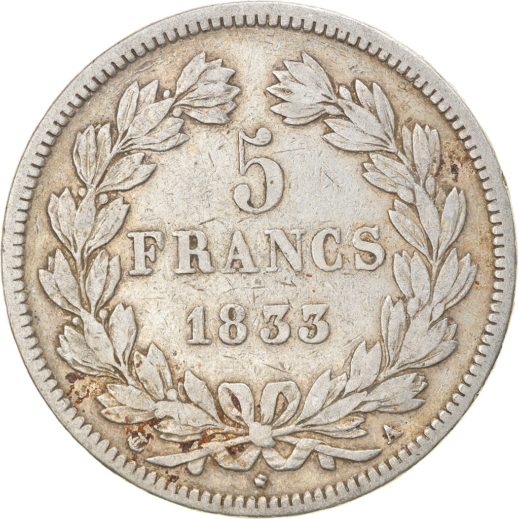 Moneda, Francia, Louis-Philippe, 5 Francs, 1833, Paris, BC+, Plata, KM:749.1