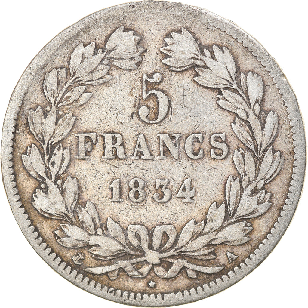 Coin, France, Louis-Philippe, 5 Francs, 1834, Paris, VF(20-25), Silver