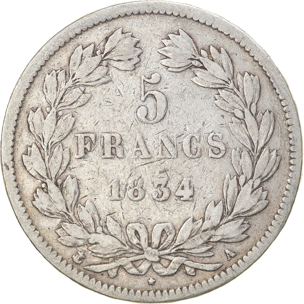 Coin, France, Louis-Philippe, 5 Francs, 1834, Paris, VF(20-25), Silver