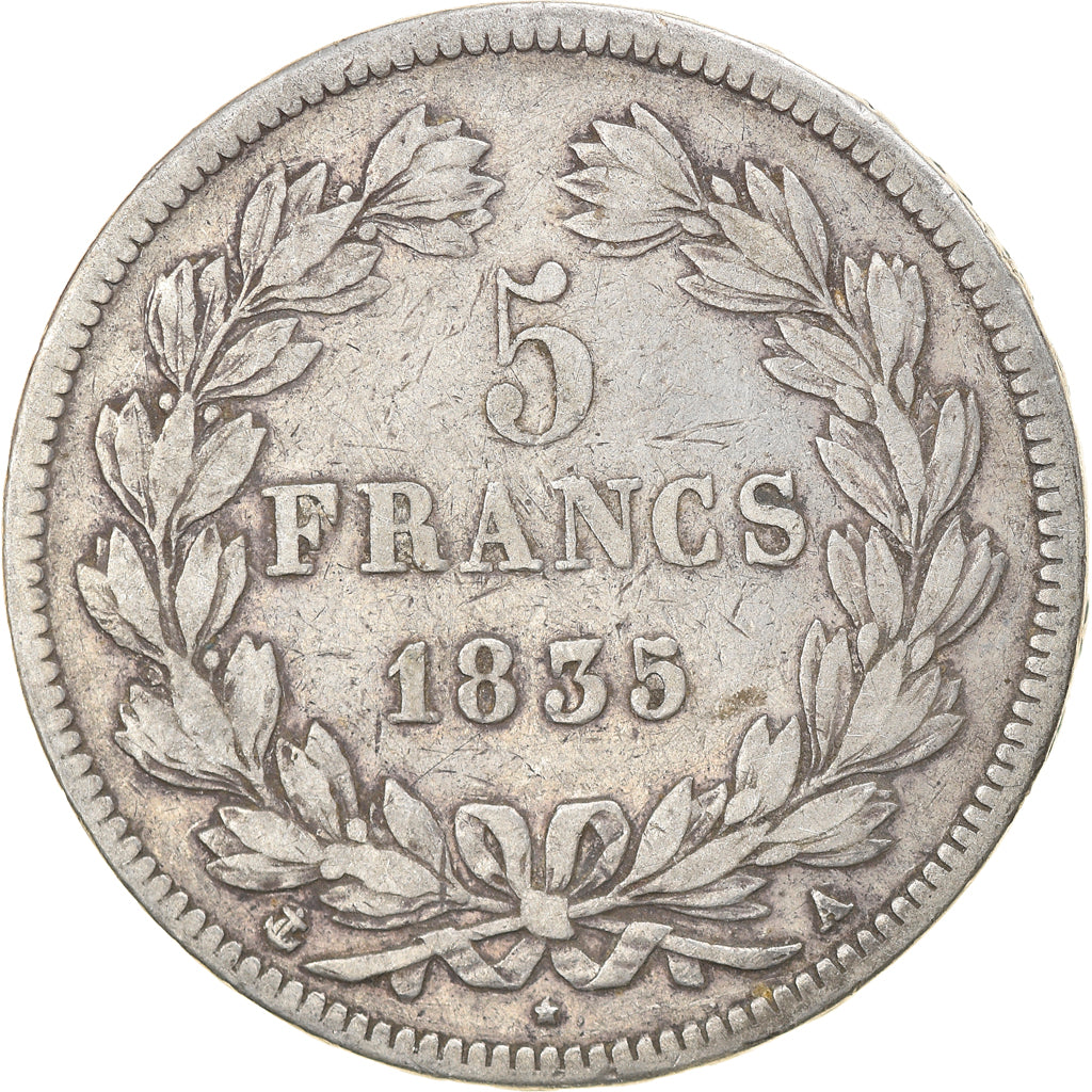 Moeda, França, Louis-Philippe, 5 Francs, 1835, Paris, VF(20-25), Prata