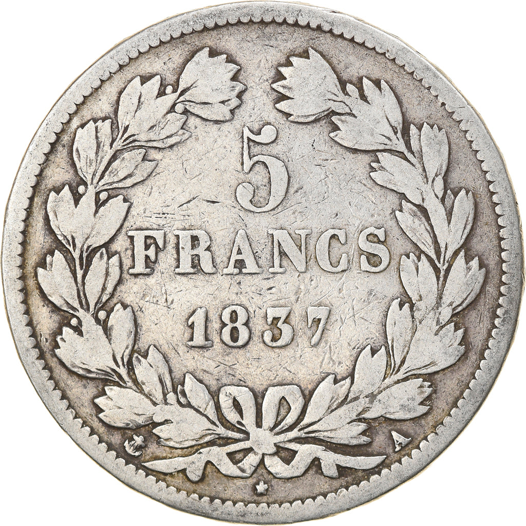 Moeda, França, Louis-Philippe, 5 Francs, 1837, Paris, VF(20-25), Prata