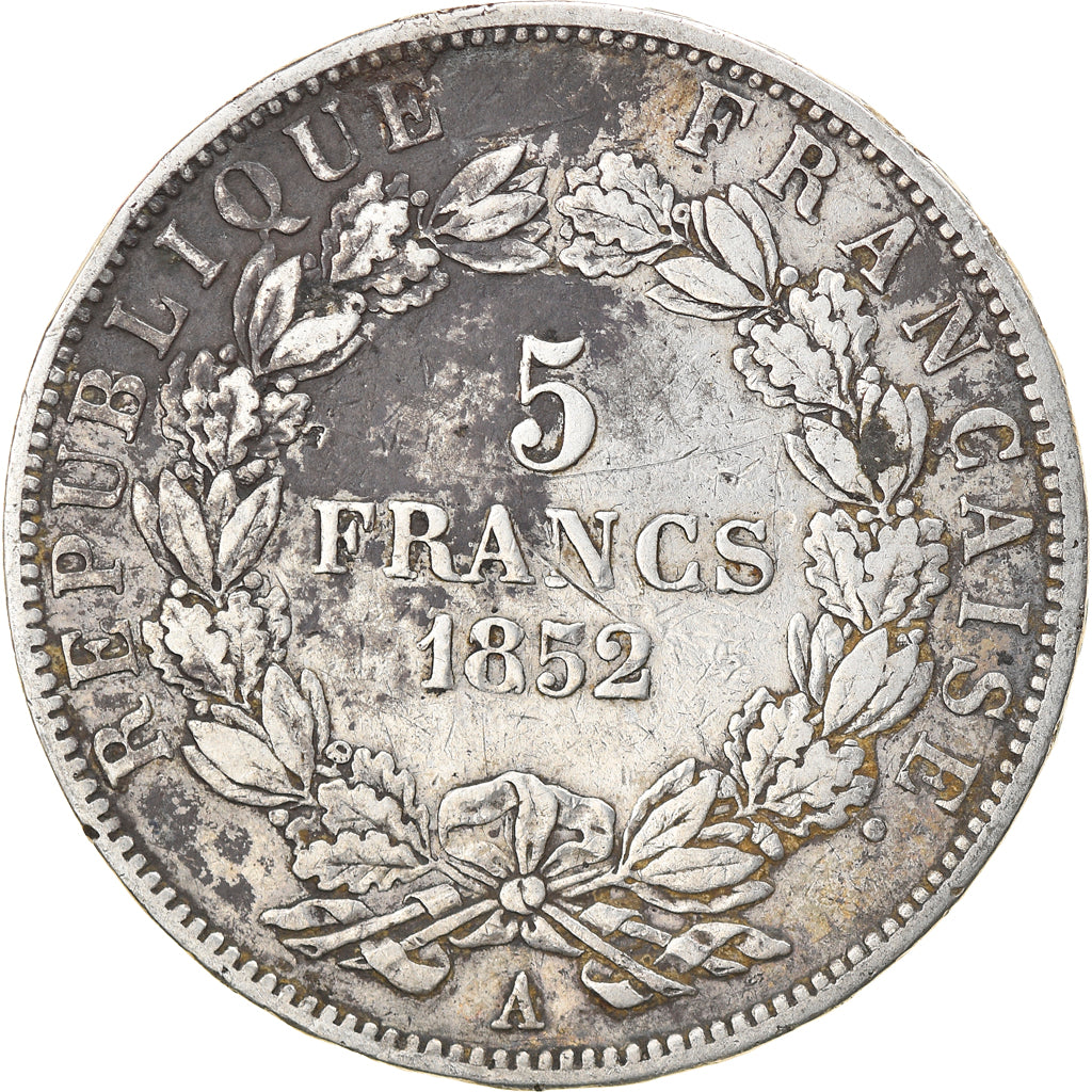 Moneda, Francia, Napoléon III, 5 Francs, 1852, Paris, BC+, Plata, KM:773.1