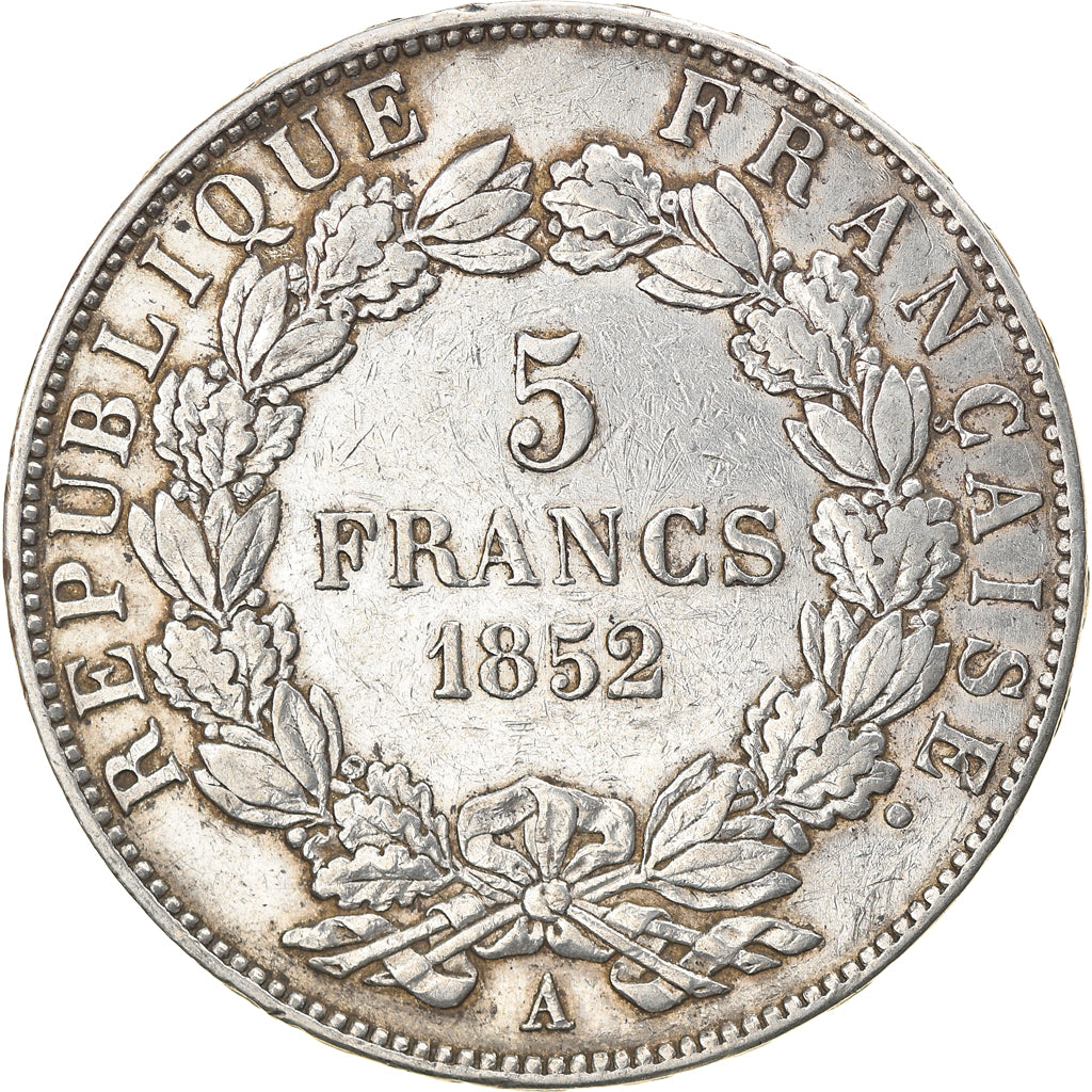Moneda, Francia, Napoléon III, 5 Francs, 1852, Paris, BC+, Plata, KM:773.1