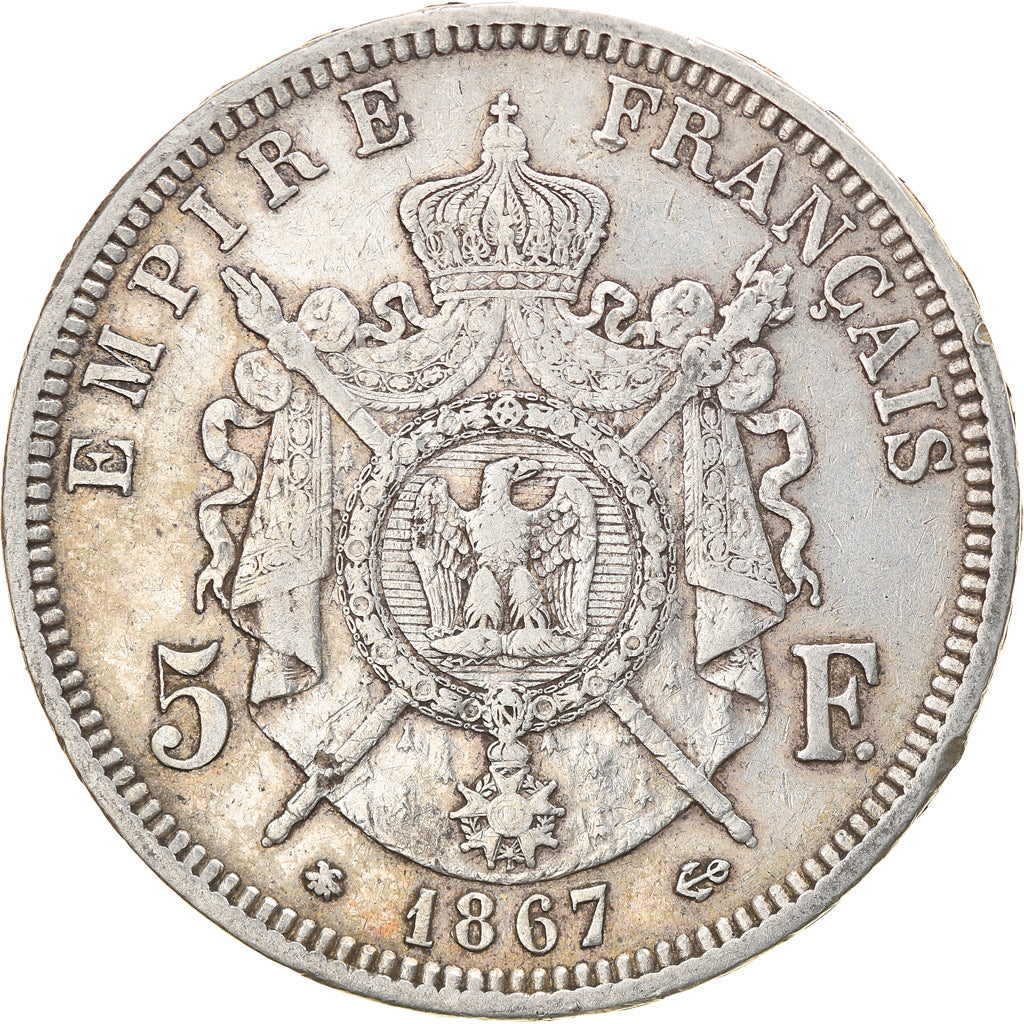 Moneda, Francia, Napoleon III, Napoléon III, 5 Francs, 1867, Paris, MBC, Plata