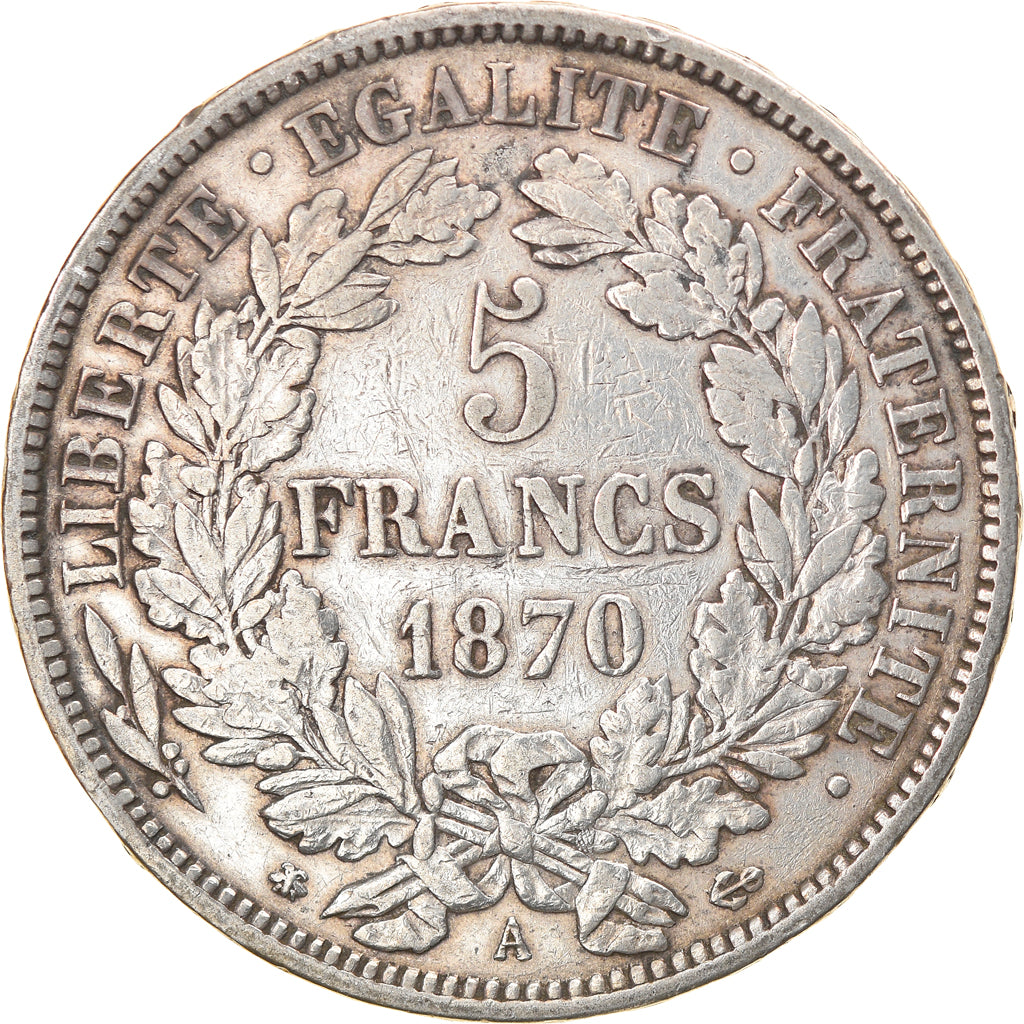 Moneta, Francia, Cérès, 5 Francs, 1870, Paris, MB+, Argento, KM:818.1