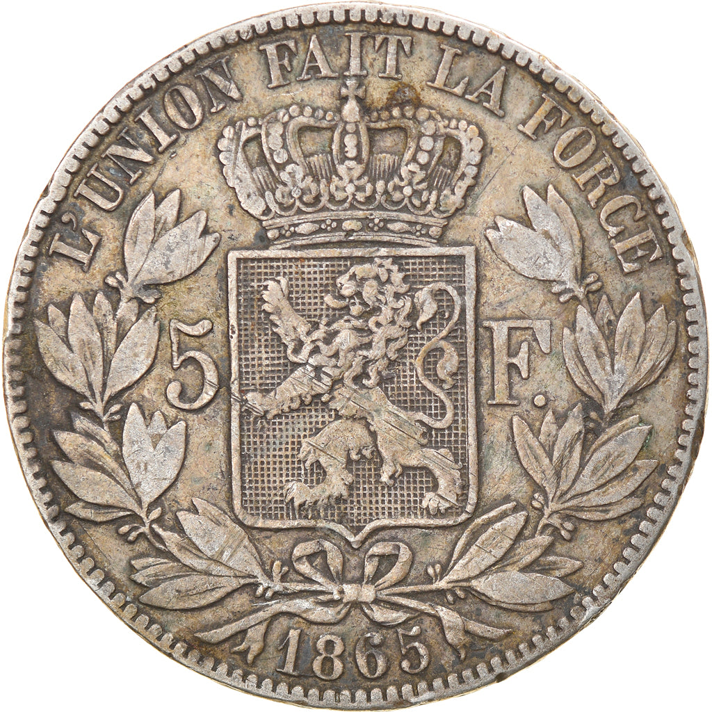 Moneta, Belgio, Leopold I, 5 Francs, 5 Frank, 1865, Point après F, MB+