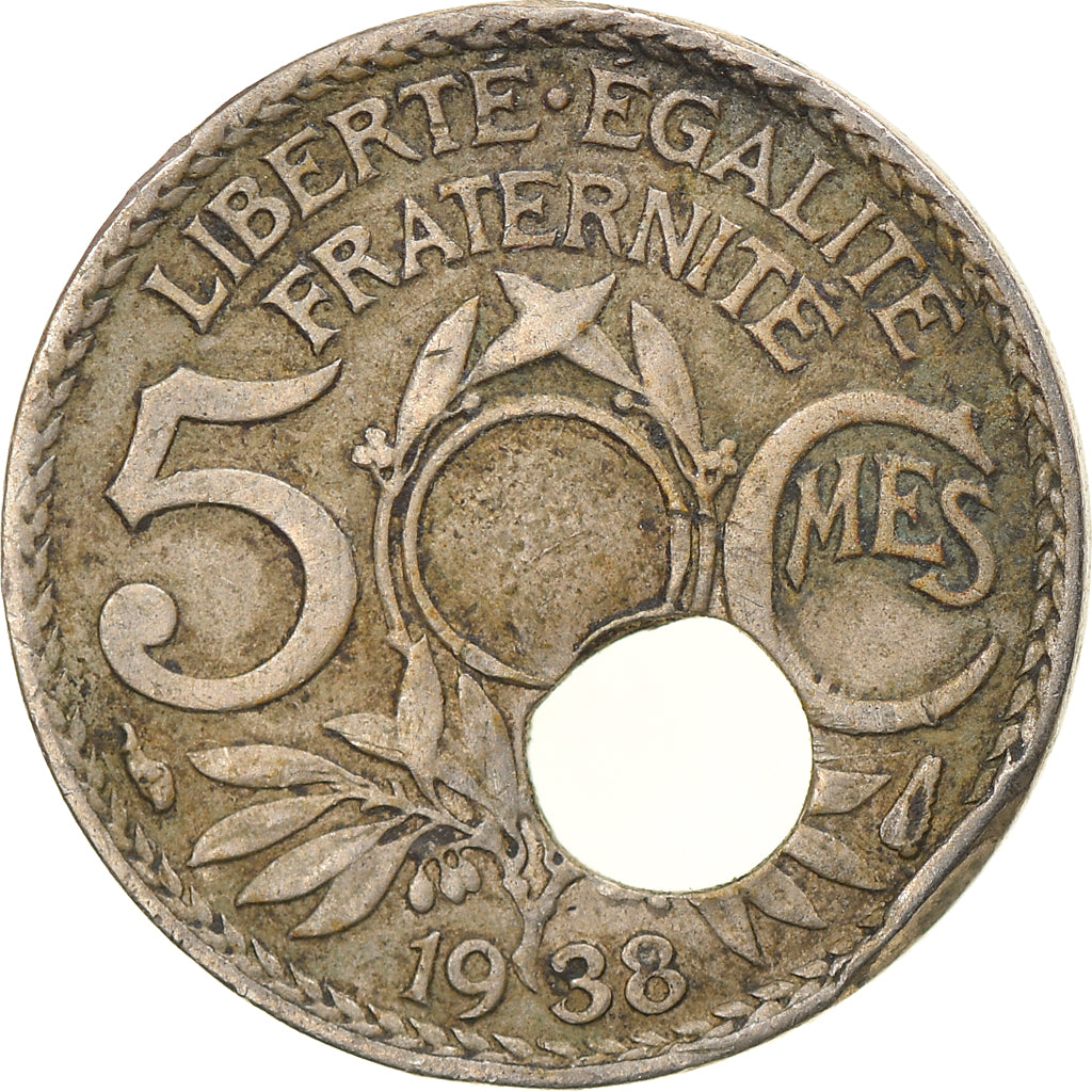 Moneta, Francia, Lindauer, 5 Centimes, 1938, Paris, Trou Décentré, BB