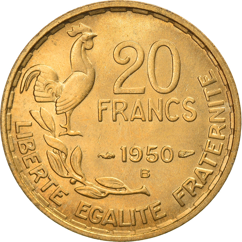Munten, Frankrijk, Guiraud, 20 Francs, 1950, Beaumont - Le Roger, 3 faucilles /