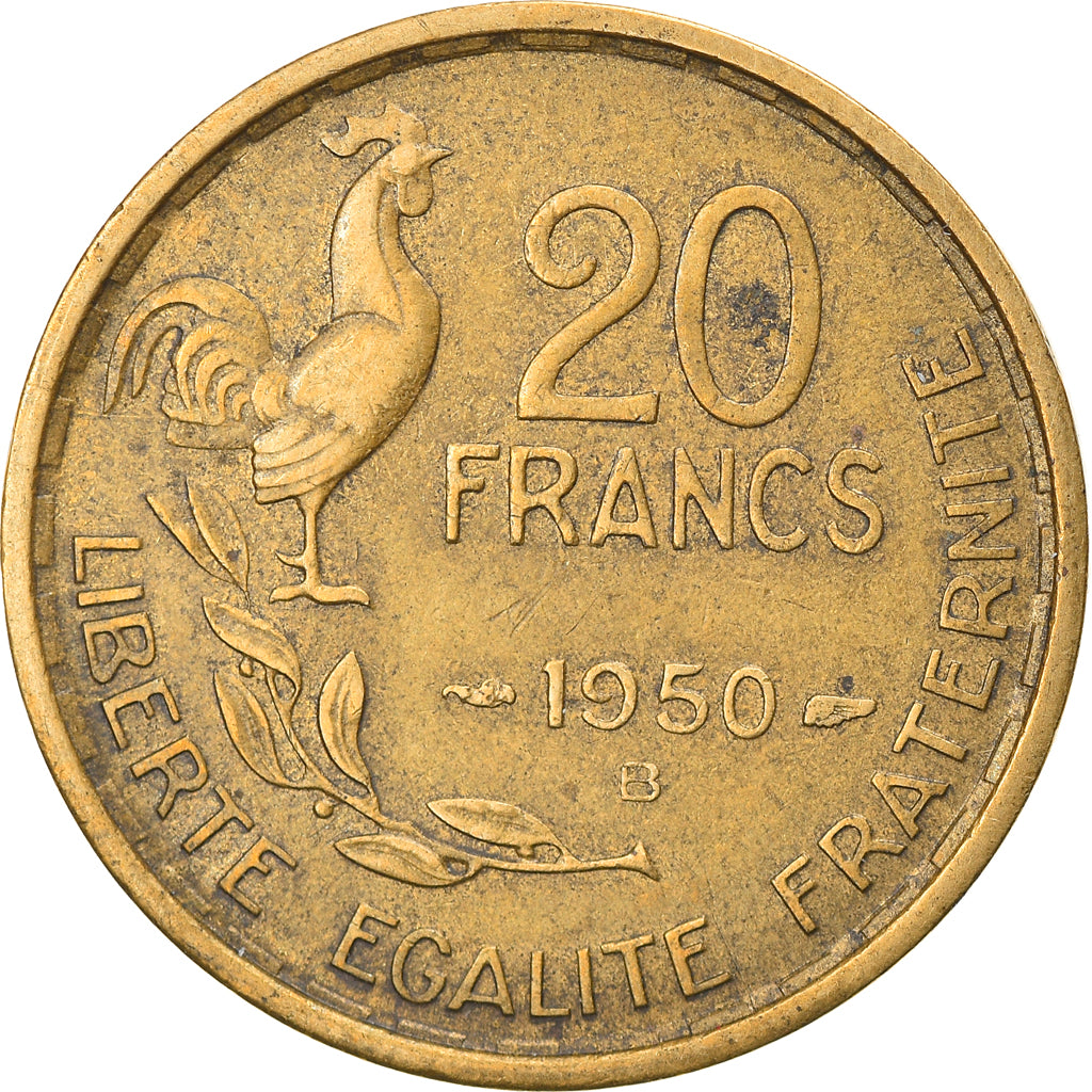 Moneda, Francia, Guiraud, 20 Francs, 1950, Beaumont - Le Roger, 4 faucilles /