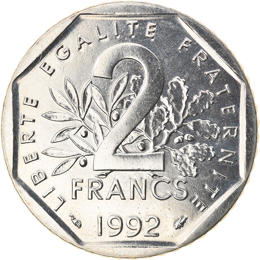 Münze, Frankreich, Semeuse, 2 Francs, 1992, Paris, Medal alignment, UNZ+