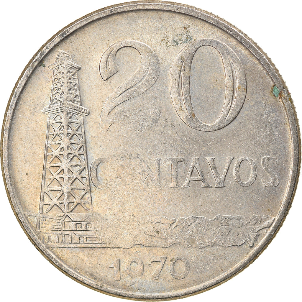 Moeda, Brasil, 20 Centavos, 1970, die adjustment strike error, AU(50-53)