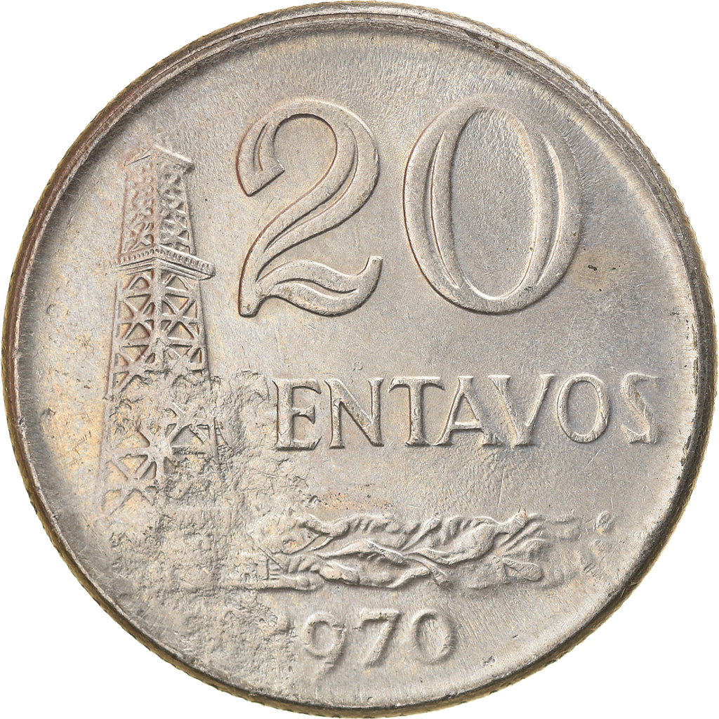 Moeda, Brasil, 20 Centavos, 1970, error struck thru, AU(50-53), Cobre-níquel