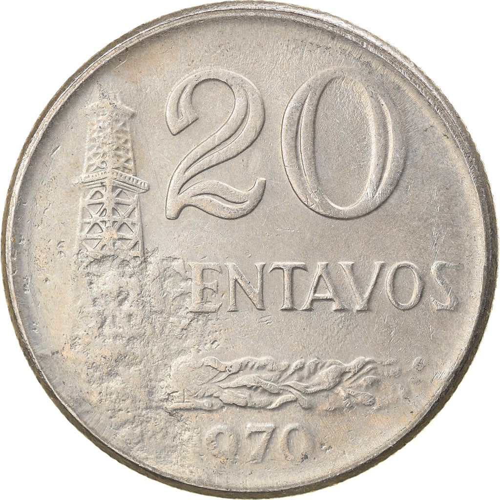 Moeda, Brasil, 20 Centavos, 1970, error struck thru, AU(50-53), Cobre-níquel