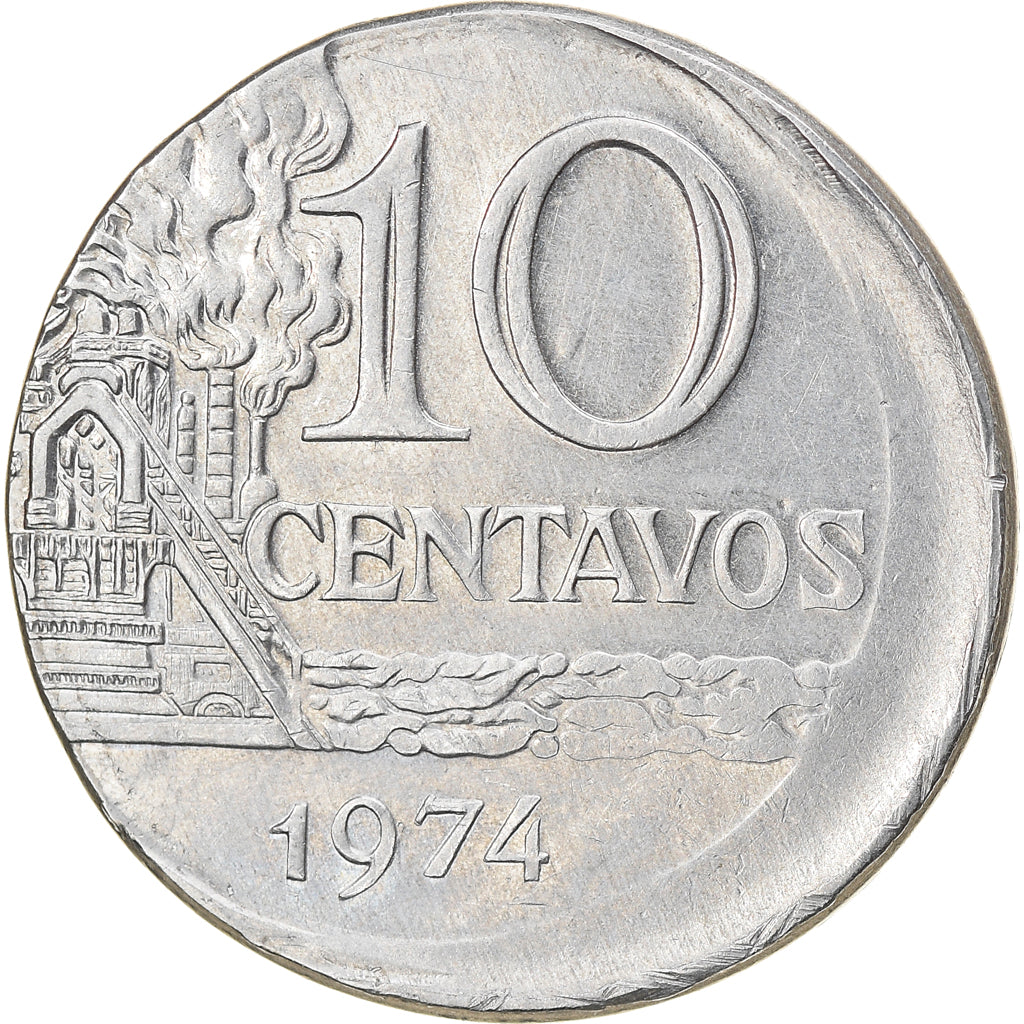 Monnaie, Brésil, 10 Centavos, 1974, error off center strike, TTB+, Stainless