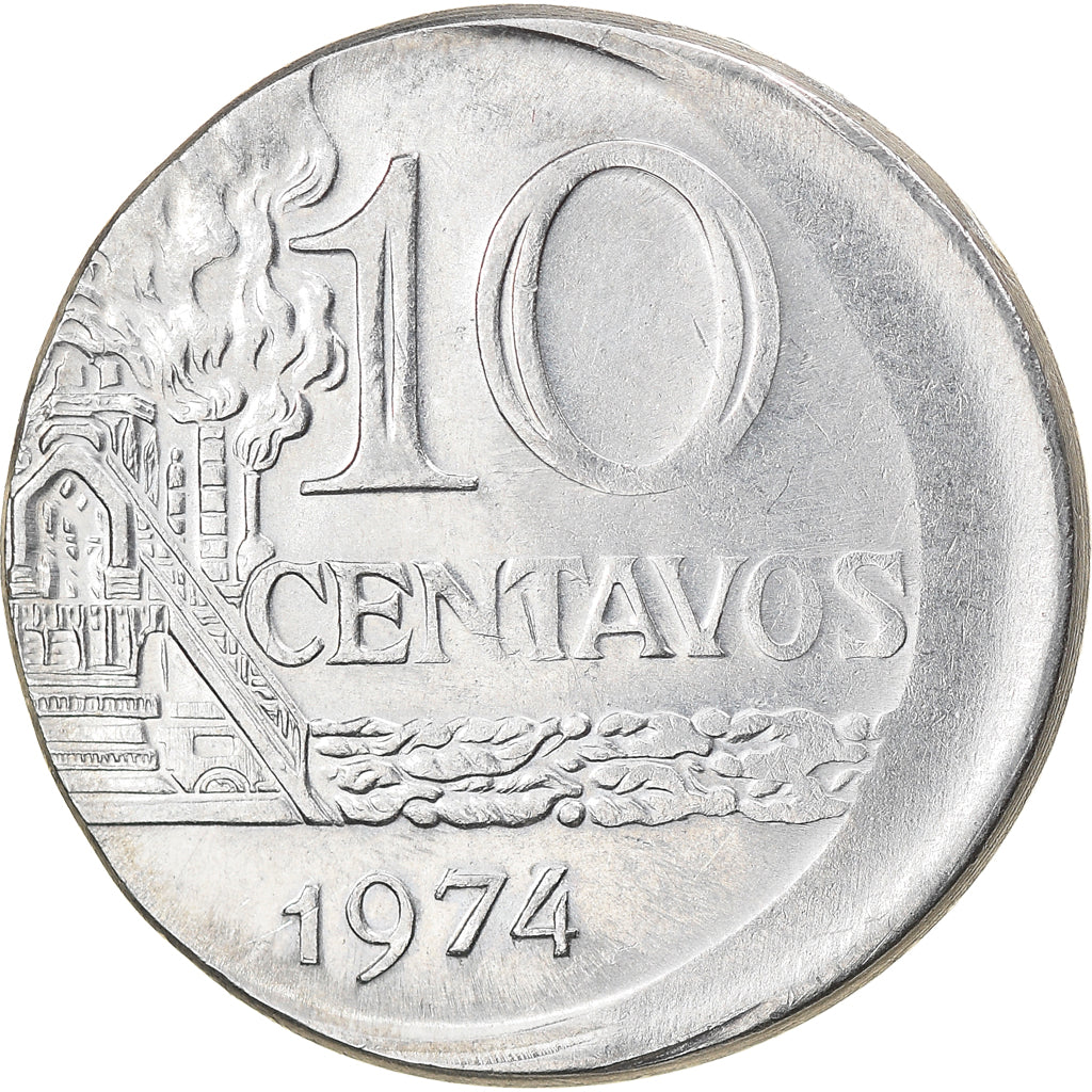Moeda, Brasil, 10 Centavos, 1974, error off center strike, AU(55-58), Aço