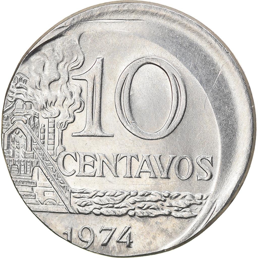 Moeda, Brasil, 10 Centavos, 1974, error off center strike, AU(55-58), Aço