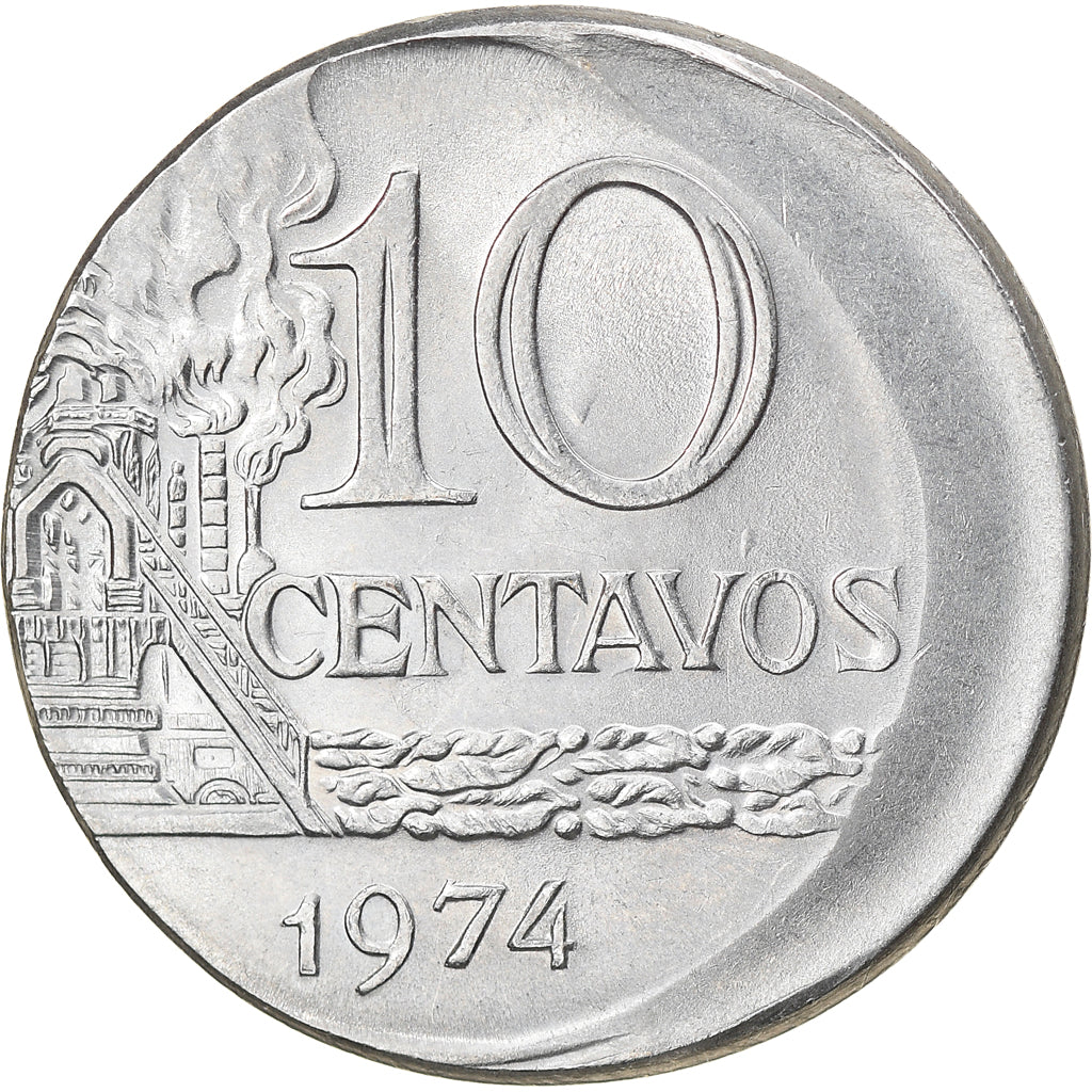 Moeda, Brasil, 10 Centavos, 1974, error off center strike, AU(55-58), Aço